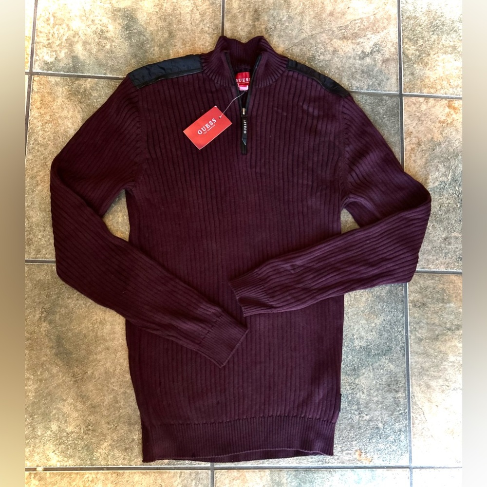 New with Tags! Guess Designer Mens Small Plum Red Carson Sweater Quarter Zip